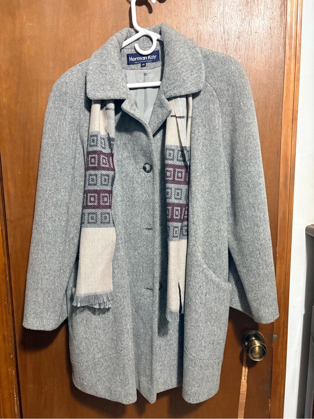 Vintage Herman Kay Women's Gray Wool Scarf-Accent Coat